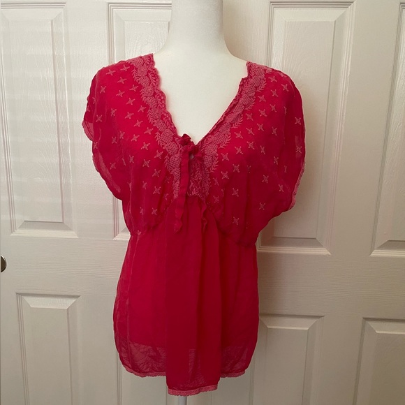 Johnny Was Pink VNeck Empire waist Short Sleeve Blouse Size Large - Picture 1 of 8